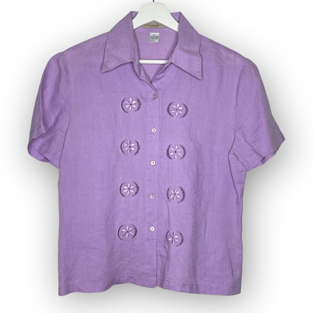 JM Goulbourn Linen Purple Embroidered Button Up Collared Blouse Size 14 Vintage